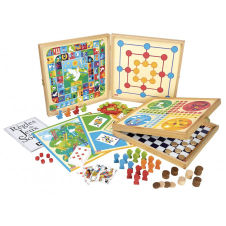 COFFRET DE JEUX CLASSIQUES - 80 REGLES - PIONS BOIS