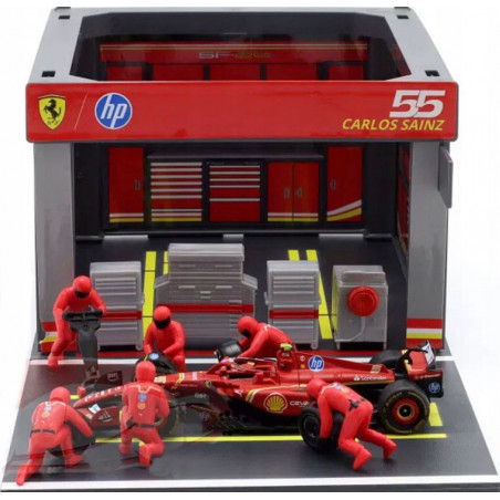 Burago F1 1.43 Ferrari Sf 24 Carlos Sainz et stand pitsop et mecaniciens